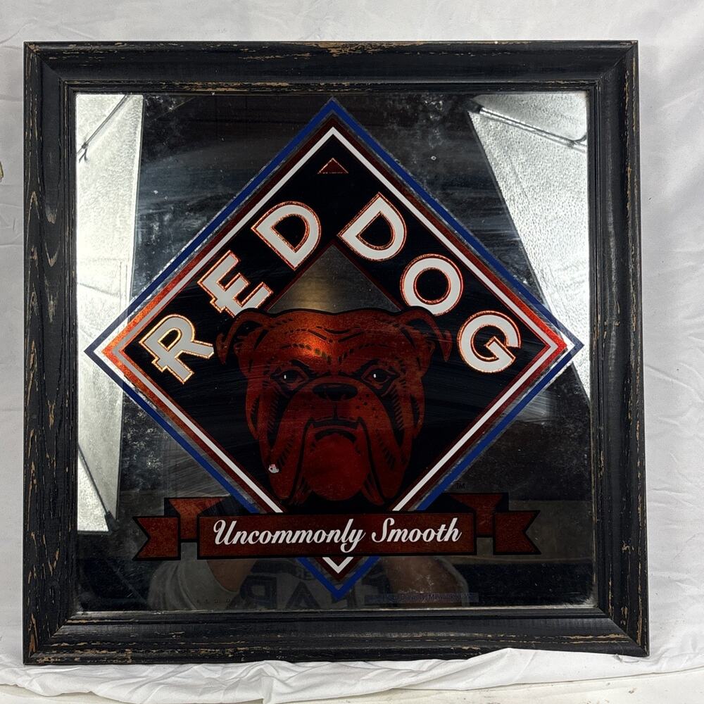 Vintage RED DOG 1994 Framed Mirror 18x18 Plank Road Brewery Uncommonly Smooth